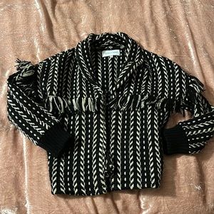 SOLD. Cupcakes and Cashmere XS Black and White Fringe knit jacket